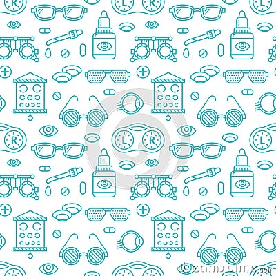 Ophthalmology, eyes health care seamless pattern, medical vector blue background. Optometry equipment, contact lenses Vector Illustration