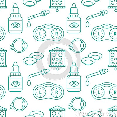 Ophthalmology, eyes health care seamless pattern, medical vector blue background. Optometry equipment, contact lenses Vector Illustration