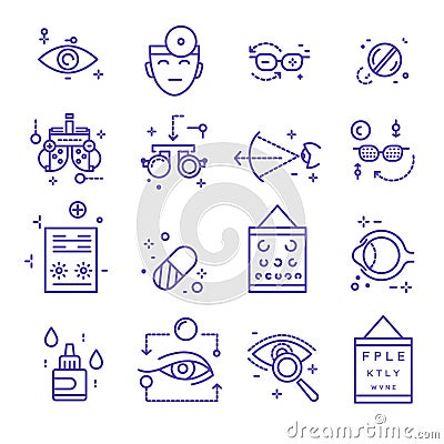 Eye treatment, ophthalmology isolated linear icons, medicine and healthcare Vector Illustration