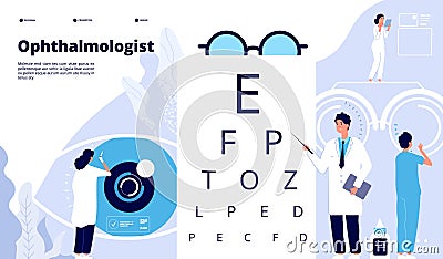 Ophthalmology landing. Ophthalmologist checks patient sight. Eyes test new technology. Eye care ophthalmological vector Vector Illustration