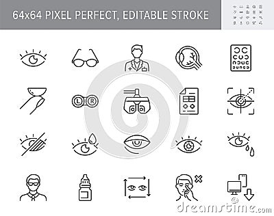 Ophthalmology line icons. Vector illustration include icon - contact lens, eyeball, glasses, blindness, eye check Vector Illustration