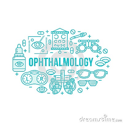 Ophthalmology, medical banner illustration. Eyes health care vector line icons of optometry equipment, contact lenses Vector Illustration