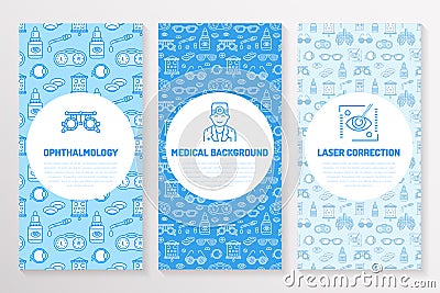 Ophthalmology, medical brochure template, flyer. Eye health care thin line icons laser vision correction, eyesight check Vector Illustration