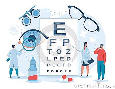 Ophthalmology. Ophthalmologist checking patient eyesight. Myopia diagnostic and treatment. Eye and vision healthcare Vector Illustration