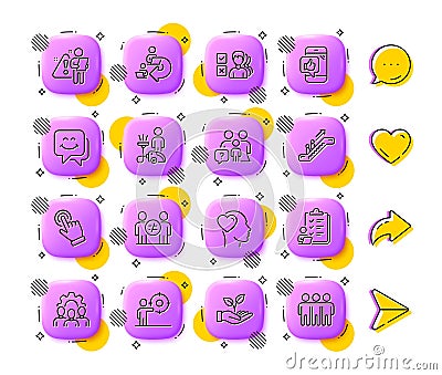 Opinion, Delegate work and Escalator line icons. For web app, printing. App 3d buttons icons. Vector Vector Illustration