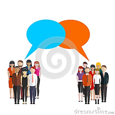 Opinion poll flat illustration of two groups of people and speech bubbles between them Vector Illustration