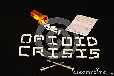 Opioid Crisis spelled out, prescription, pills and needles Stock Photo