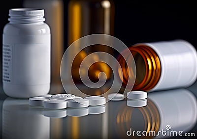 Opioid, Oxycodone prescription pills spilled onto a table with bottles in the background. Addiction prescription pain killer Stock Photo