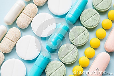 Opioid painkillers crisis and drug abuse concept. Opioid and prescription medication addiction epidemic. Different kinds of multi Stock Photo