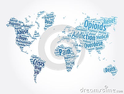 Opioids word cloud in shape of world map, concept background Stock Photo