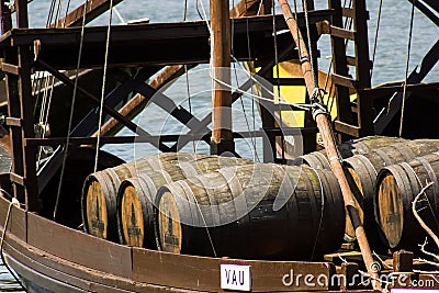 Oporto, Portugal: detail of rabelo boat with barrels of Port wine Editorial Stock Photo