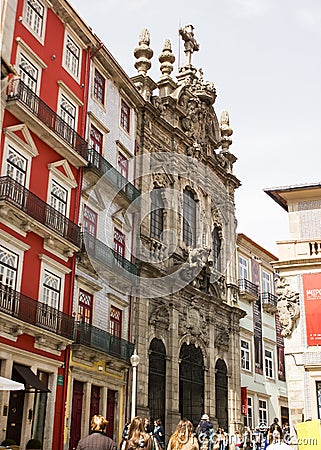 Oporto, Portugal: MisericÃ³rdia church and Flores (flowers) street Editorial Stock Photo