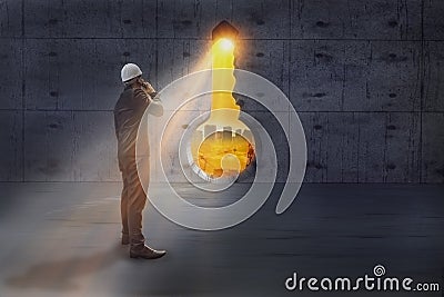 Opportunity businessman using smartphone standing on staircase to looking keyhole door with sun light,leader concept vision and Stock Photo