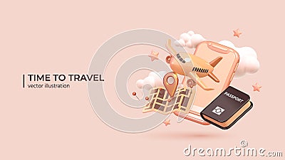 Opportunity to travel the world again. Realistic 3d cartoon minimal style. Vector illustration Vector Illustration