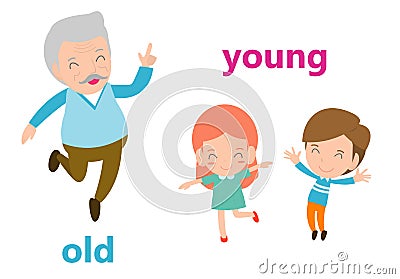 Opposite adjectives old and young illustration, Opposite English Words old and young vector illustration on white background Vector Illustration