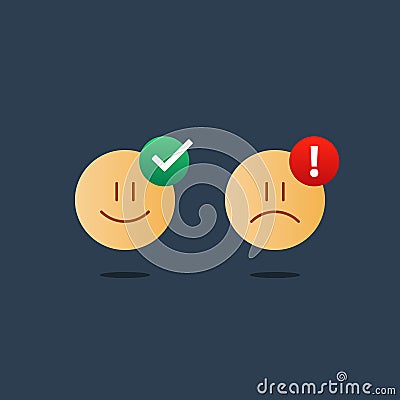 Opposite emotions, smile emoji, sad icon, customer services, feedback survey Vector Illustration