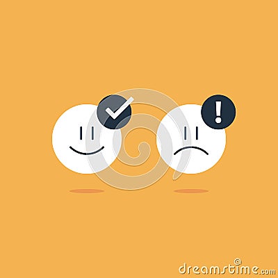 Opposite emotions, smile emoji, sad icon, customer services, feedback survey Vector Illustration