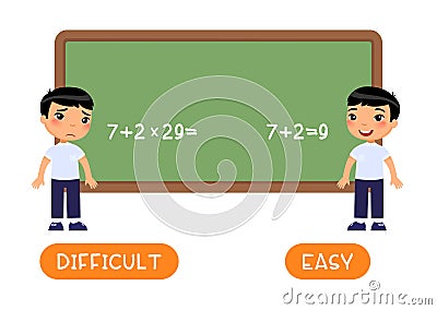 Opposites concept, EASY and DIFFICULT. Word card with little asian schoolboy vector template. Flash card for foreign language with Vector Illustration