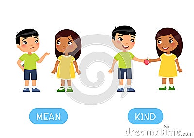 Opposites concept, MEAN and KIND. Word card for English language learning, flashcard with antonyms. Vector Illustration