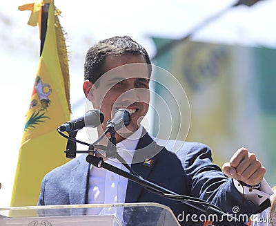 Opposition leader Juan Guaido Venezuela interim president and wife Fabiana Rosales singing the national anthem Editorial Stock Photo