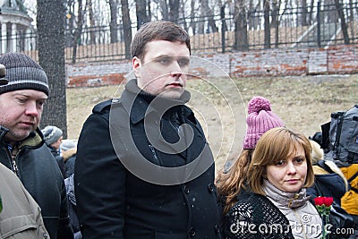 Opposition politician Konstantin Jankauskas with his wife at the funeral of Boris Nemtsov Editorial Stock Photo