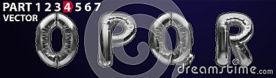 OPQR silver foil letter balloons on dark background. Silver alphabet balloon logotype, icon. Metallic Silver OPQR Balloons. Text Vector Illustration