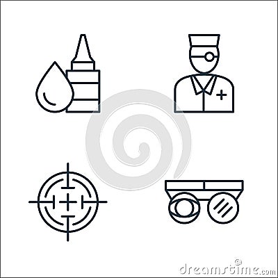 opthalmology line icons. linear set. quality vector line set such as testing glasses, target, ophthalmologist Vector Illustration