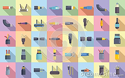Optic fiber icons set flat vector. Wire cable Vector Illustration