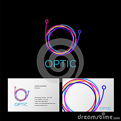 Optic logo. Letter O like a cable. Hank of color cable on a dark background. Vector Illustration