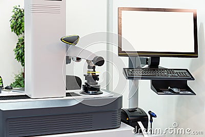 Optic machine for precise measurement of part size and quality evaluation. Smart factory. Stock Photo
