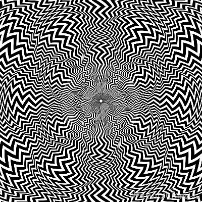 Optical art circular pattern of zigzag black lines in the form of radiation. Round psychedelic background design Vector Illustration