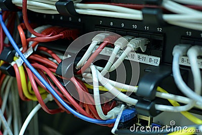 Optical cable in internet network devices Stock Photo