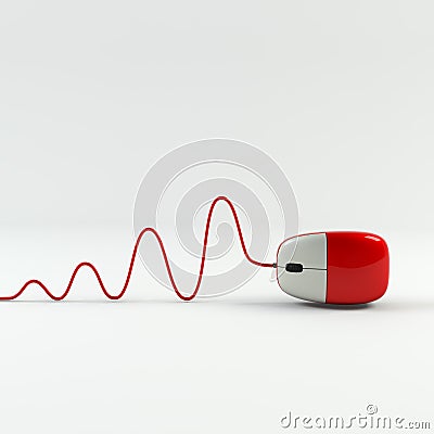 Optical computer mouse and cable in form of wave on a white background. Red ergonomic mouse, computer parts. Stock Photo