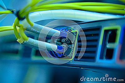 Optical fiber cables and hub Stock Photo