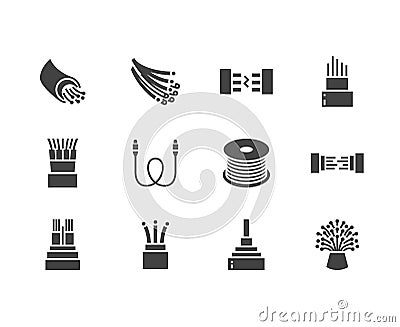 Optical fiber flat glyph icons. Network connection, computer wire, cable bobbin, data transfer. Signs for electronics Vector Illustration