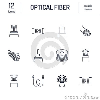 Optical fiber flat line icons. Network connection, computer wire, cable bobbin, data transfer. Thin signs for Vector Illustration