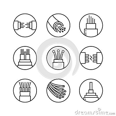 Optical fiber flat line vector icons. Network connection, computer wire, cable bobbin, data transfer. Thin signs in Vector Illustration