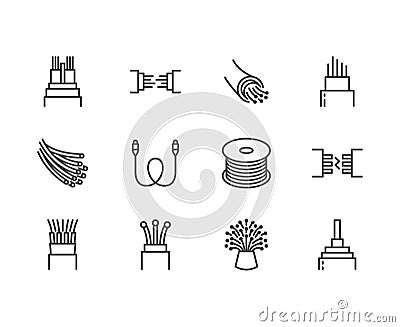 Optical fiber flat line vector icons. Network connection, computer wire, cable bobbin, data transfer. Thin signs for Vector Illustration