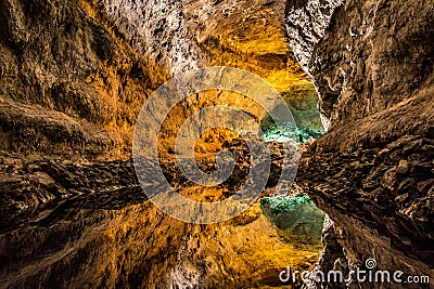 Optical illusion in Cueva de los Verdes, an amazing lava tube and tourist attraction on Lanzarote island Stock Photo