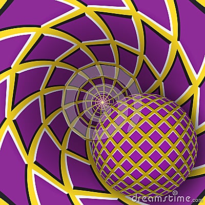Optical illusion illustration. A ball is moving on rotating yellow background with purple quadrangles Vector Illustration