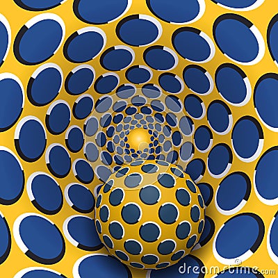 Optical illusion illustration. A ball is moving in yellow blue polka dots rotating hole. Vector Illustration