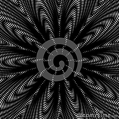 Optical illusion, moire background, abstract lined monochrome vector tiling. Unusual geometric pattern with visual effects. Vector Illustration