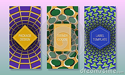 Optical illusion packaging design. Moving colorful backgrounds with frames for text. Set of abstract labels templates Vector Illustration