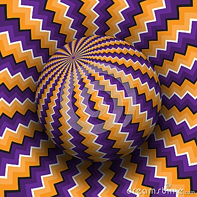 Optical illusion vector illustration. Purple orange zigzag patterned sphere soaring above the same surface Vector Illustration