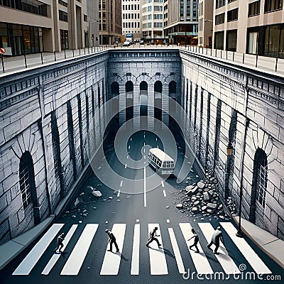 An optical illusions with banksy art, painted street and a building facade, appear tu expose its inner workings, street art Stock Photo