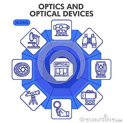Optical instruments symbols collection or sketches. optics theme icons in line style signs for web and app. Vector Vector Illustration