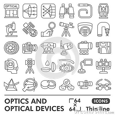 Optical instruments symbols collection or sketches. optics theme icons in thin line style signs for web and app. Vector Vector Illustration