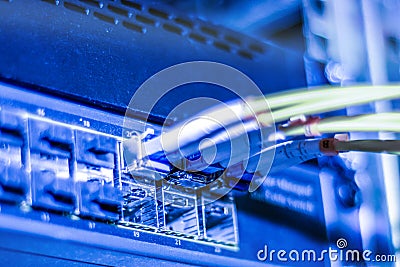 Optical Internet and network yellow wires is on the manager switches Stock Photo