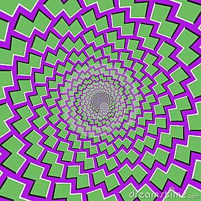 Optical motion illusion background. Green shapes fly apart circularly from the center on purple background Vector Illustration