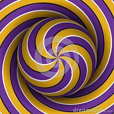 Optical motion illusion background. Sphere with a purple yellow multiple spiral pattern on helix background Vector Illustration